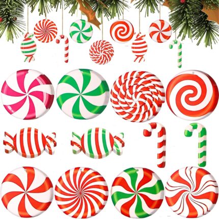 A cluster of red, white, and green striped wooden candy cane ornaments hanging from a Christmas tree branch.
