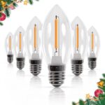Pack of 6 BlueStars C7 E12 3W LED light bulbs with clear glass, warm white glow, and candelabra base.