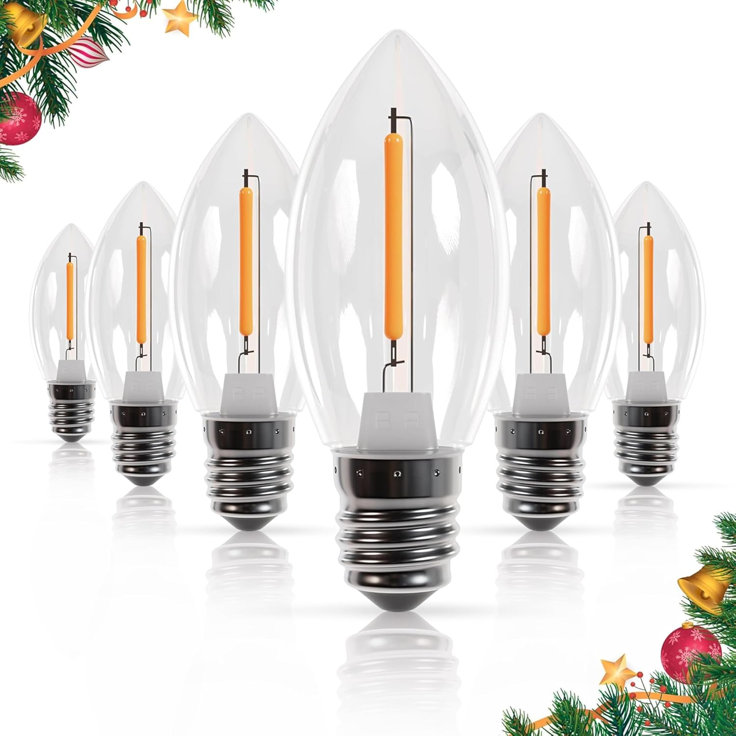 bluestars-c7-e12-3w-led-bulbs-15w-equivalent-2700k-warm-white-6-pack-01 Pack of 6 BlueStars C7 E12 3W LED light bulbs with clear glass, warm white glow, and candelabra base.
