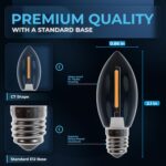 Pack of 6 BlueStars C7 E12 3W LED light bulbs with clear glass, warm white glow, and candelabra base.