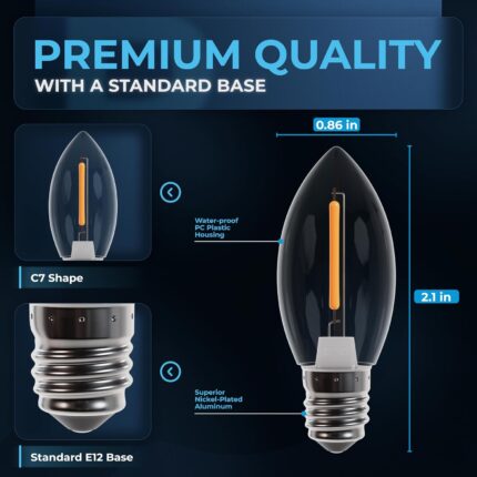 Pack of 6 BlueStars C7 E12 3W LED light bulbs with clear glass, warm white glow, and candelabra base.