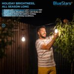 Pack of 6 BlueStars C7 E12 3W LED light bulbs with clear glass, warm white glow, and candelabra base.