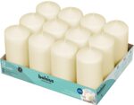 A set of 12 ivory BOLSIUS pillar candles, each 2.7x5 inches, standing upright, ready for use as elegant decor.