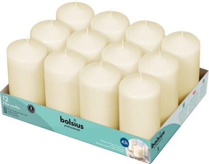 A set of 12 ivory BOLSIUS pillar candles, each 2.7x5 inches, standing upright, ready for use as elegant decor.