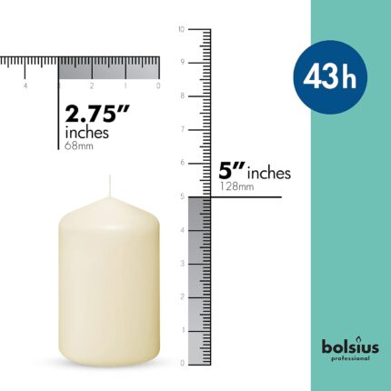 A set of 12 ivory BOLSIUS pillar candles, each 2.7x5 inches, standing upright, ready for use as elegant decor.