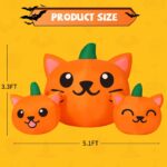 A 5-foot long Halloween inflatable featuring three orange and green pumpkin cat heads with bright white LED lights, set up ou