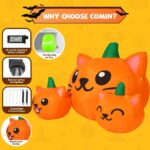 A 5-foot long Halloween inflatable featuring three orange and green pumpkin cat heads with bright white LED lights, set up ou