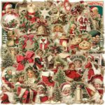 A collection of 50 unique vintage Christmas-themed vinyl stickers with various festive designs, suitable for decorating.