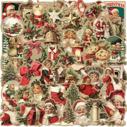 A collection of 50 unique vintage Christmas-themed vinyl stickers with various festive designs, suitable for decorating.