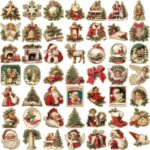 A collection of 50 unique vintage Christmas-themed vinyl stickers with various festive designs, suitable for decorating.