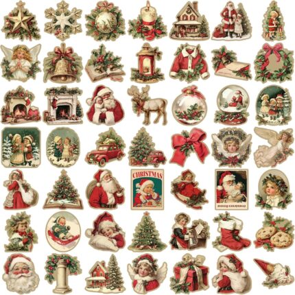 A collection of 50 unique vintage Christmas-themed vinyl stickers with various festive designs, suitable for decorating.