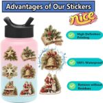 A collection of 50 unique vintage Christmas-themed vinyl stickers with various festive designs, suitable for decorating.
