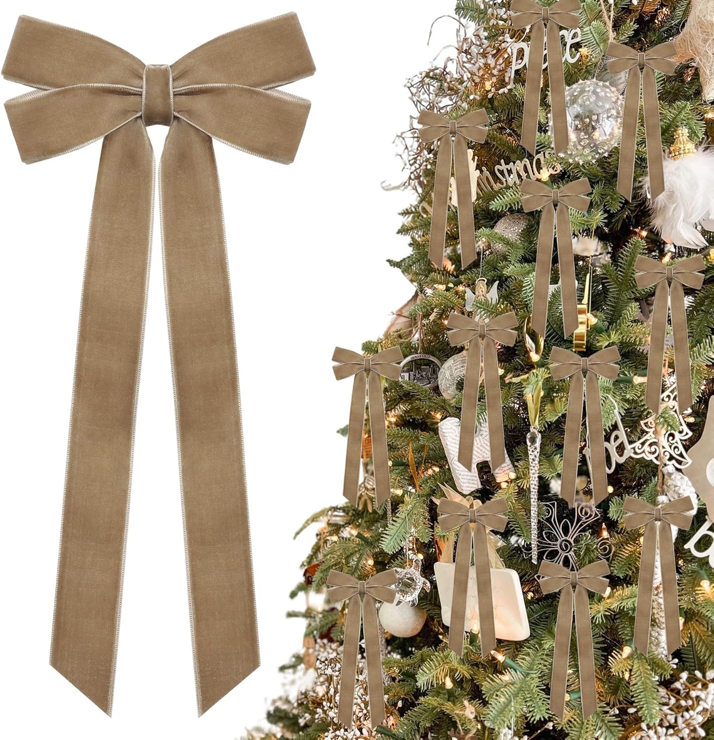 hongsome-12-pack-light-brown-velvet-ribbon-bows-for-christmas-tree-decor-5x10in-01 A close-up view of multiple light brown velvet ribbon bows, some hanging on a Christmas tree with soft, blurred lights in the