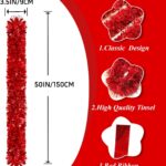 A long, vibrant red tinsel garland twisted and draped over a fireplace mantle with other Christmas decorations.