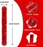 A long, vibrant red tinsel garland twisted and draped over a fireplace mantle with other Christmas decorations.