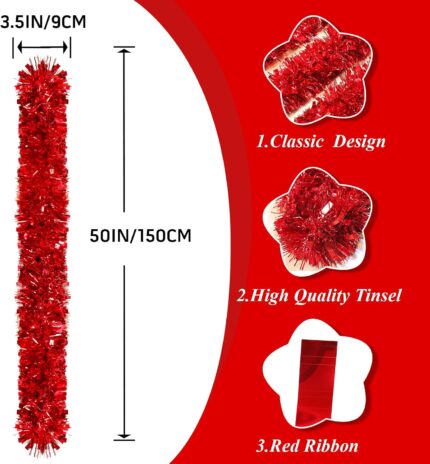 A long, vibrant red tinsel garland twisted and draped over a fireplace mantle with other Christmas decorations.