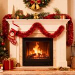 A long, vibrant red tinsel garland twisted and draped over a fireplace mantle with other Christmas decorations.