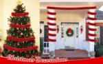 A long, vibrant red tinsel garland twisted and draped over a fireplace mantle with other Christmas decorations.