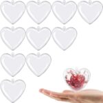 A group of ten clear plastic heart-shaped ornaments, some open to show their fillable design, ready for crafting.