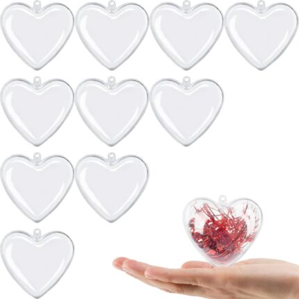 A group of ten clear plastic heart-shaped ornaments, some open to show their fillable design, ready for crafting.