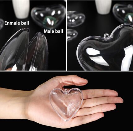 A group of ten clear plastic heart-shaped ornaments, some open to show their fillable design, ready for crafting.