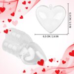 A group of ten clear plastic heart-shaped ornaments, some open to show their fillable design, ready for crafting.