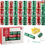 Close-up of JOYIN 10-pack red and green snowflake non-snap Christmas party favors with paper crowns and gifts visible.