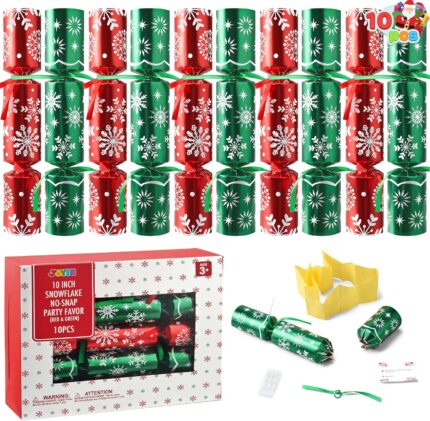Close-up of JOYIN 10-pack red and green snowflake non-snap Christmas party favors with paper crowns and gifts visible.