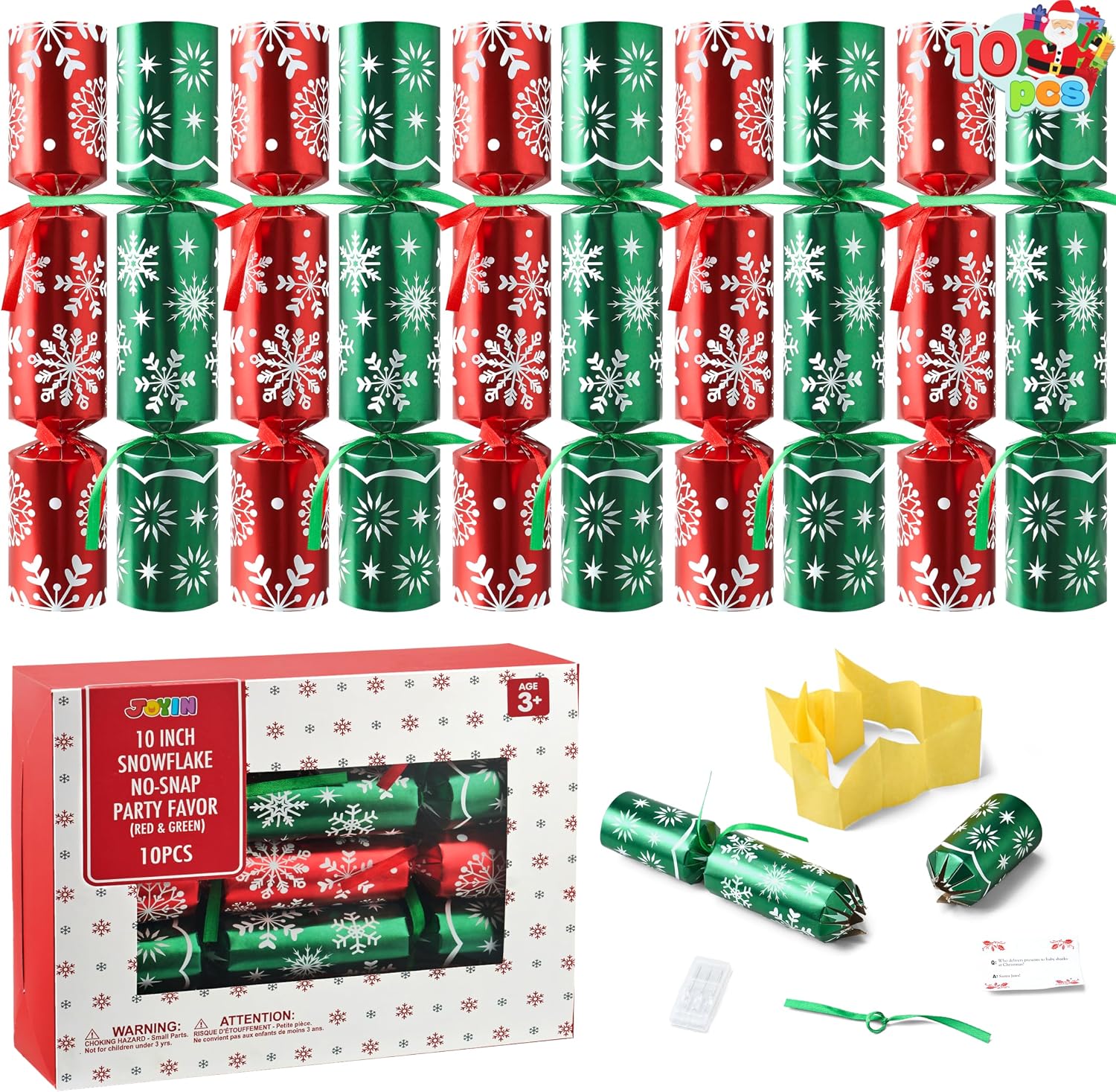 joyin-10-pack-red-green-snowflake-christmas-non-snap-party-favors-01 Close-up of JOYIN 10-pack red and green snowflake non-snap Christmas party favors with paper crowns and gifts visible.