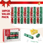Close-up of JOYIN 10-pack red and green snowflake non-snap Christmas party favors with paper crowns and gifts visible.
