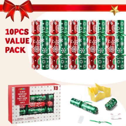 Close-up of JOYIN 10-pack red and green snowflake non-snap Christmas party favors with paper crowns and gifts visible.