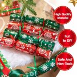 Close-up of JOYIN 10-pack red and green snowflake non-snap Christmas party favors with paper crowns and gifts visible.