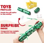 Close-up of JOYIN 10-pack red and green snowflake non-snap Christmas party favors with paper crowns and gifts visible.