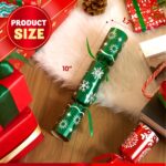 Close-up of JOYIN 10-pack red and green snowflake non-snap Christmas party favors with paper crowns and gifts visible.