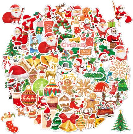 A close-up view of Masper 100 non-repeating glitter Christmas stickers featuring various holiday designs like Santa, reindeer