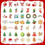A close-up view of Masper 100 non-repeating glitter Christmas stickers featuring various holiday designs like Santa, reindeer