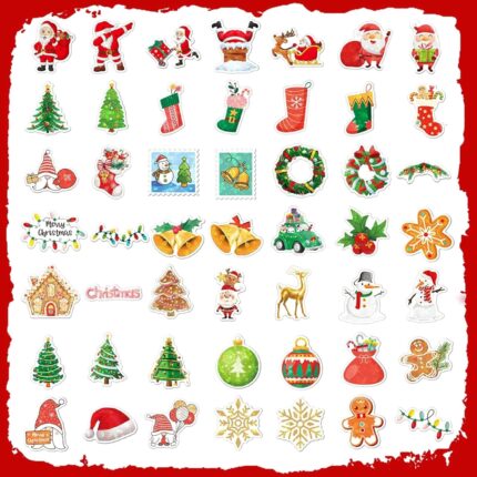 A close-up view of Masper 100 non-repeating glitter Christmas stickers featuring various holiday designs like Santa, reindeer