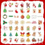 A close-up view of Masper 100 non-repeating glitter Christmas stickers featuring various holiday designs like Santa, reindeer