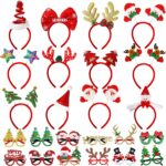 A collection of 24 colorful Christmas-themed headbands and glasses, featuring Santa, reindeer, snowmen, and Christmas tree de