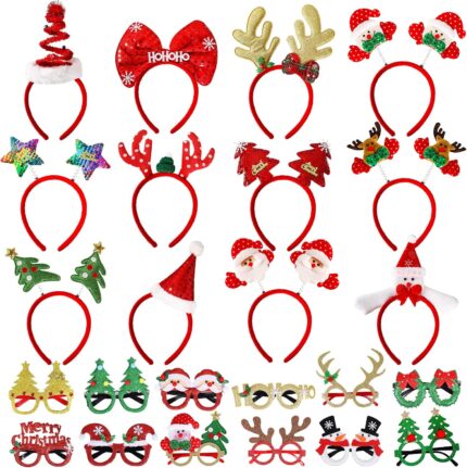 A collection of 24 colorful Christmas-themed headbands and glasses, featuring Santa, reindeer, snowmen, and Christmas tree de