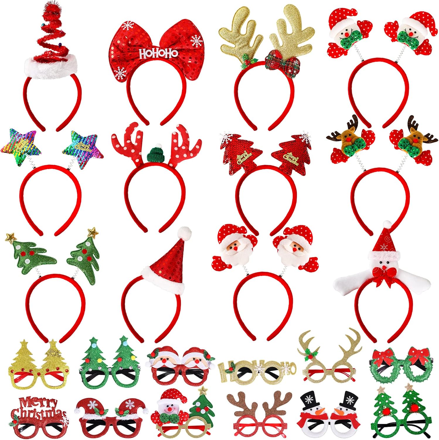 max-fun-24-piece-christmas-headbands-glasses-set-for-holiday-parties-01 A collection of 24 colorful Christmas-themed headbands and glasses, featuring Santa, reindeer, snowmen, and Christmas tree de