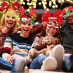 A collection of 24 colorful Christmas-themed headbands and glasses, featuring Santa, reindeer, snowmen, and Christmas tree de