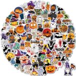 A flat lay of 100 diverse Reaeon Halloween vinyl stickers featuring pumpkins, ghosts, witches, bats, and other spooky designs