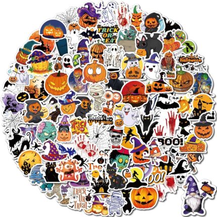A flat lay of 100 diverse Reaeon Halloween vinyl stickers featuring pumpkins, ghosts, witches, bats, and other spooky designs