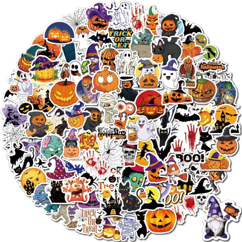 A flat lay of 100 diverse Reaeon Halloween vinyl stickers featuring pumpkins, ghosts, witches, bats, and other spooky designs