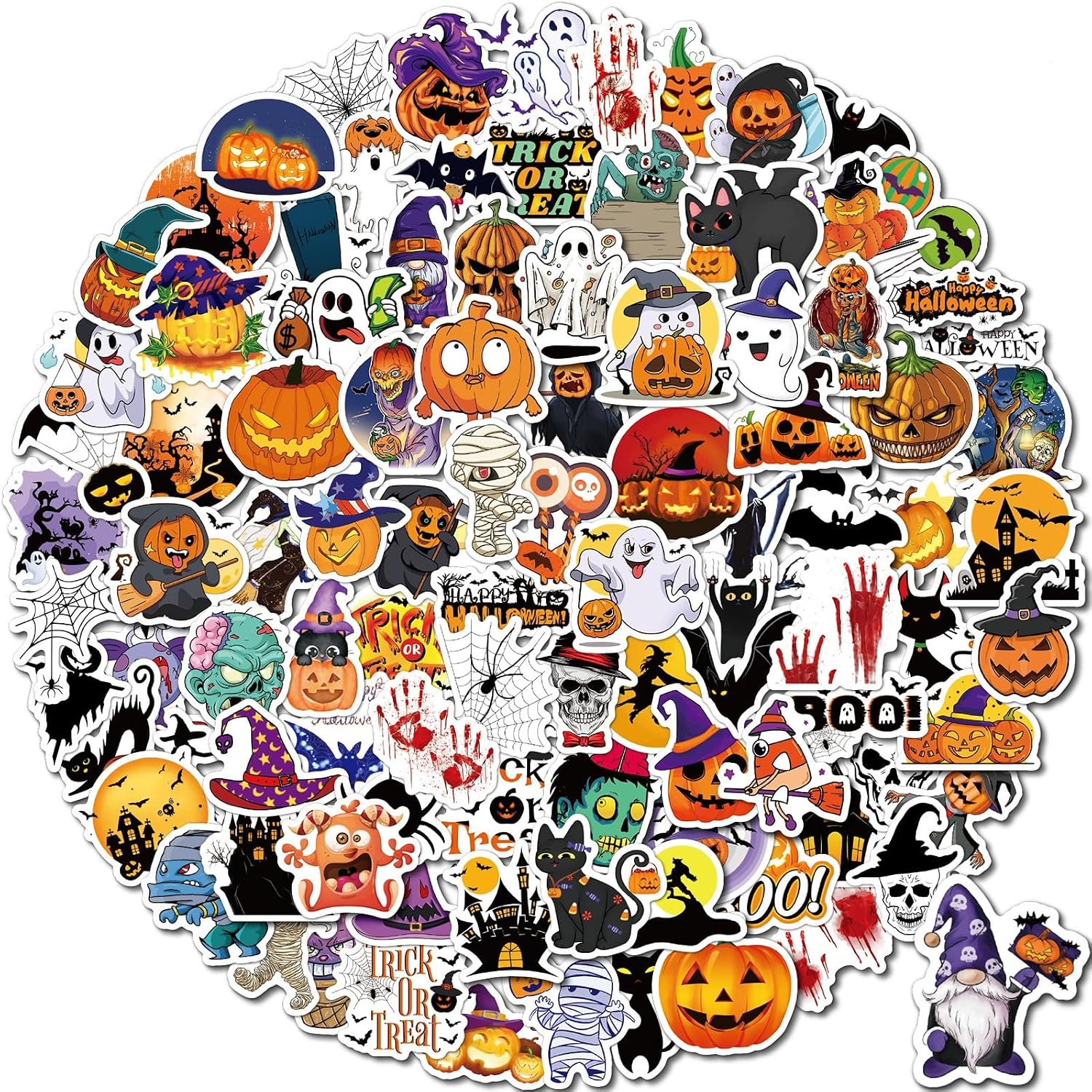 reaeon-100-piece-halloween-vinyl-stickers-for-party-favors-decor-01 A flat lay of 100 diverse Reaeon Halloween vinyl stickers featuring pumpkins, ghosts, witches, bats, and other spooky designs