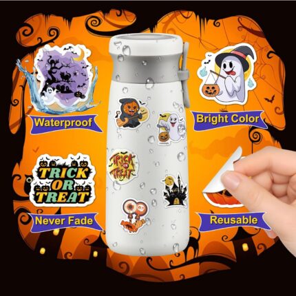 A flat lay of 100 diverse Reaeon Halloween vinyl stickers featuring pumpkins, ghosts, witches, bats, and other spooky designs