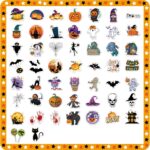 A flat lay of 100 diverse Reaeon Halloween vinyl stickers featuring pumpkins, ghosts, witches, bats, and other spooky designs