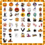 A flat lay of 100 diverse Reaeon Halloween vinyl stickers featuring pumpkins, ghosts, witches, bats, and other spooky designs