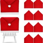 A set of 10 red Santa hat-shaped chair back covers, festive and ready for Christmas holiday party decorations.